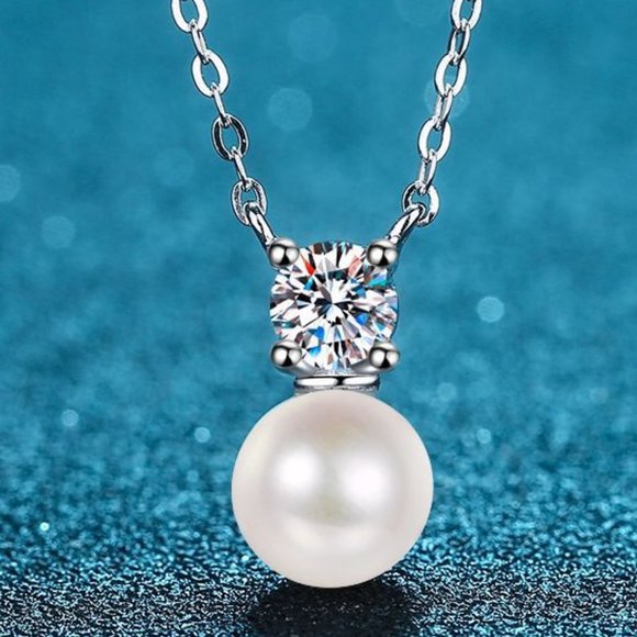 Certified 1/2ct. t.w. Diamond Moissanite Fresh Water Pearl Necklace NEW - Picture 1 of 8